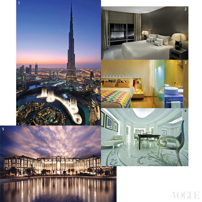 중동은 이제 패션계와 다양한 비즈니스를 펼친다. 1·2 아르마니 호텔이 자리한 두바이 부르즈 할리파의 풍경. 3 쿠웨이트의 호텔 미쏘니. 4·5 두바이의 팔라초 베르사체 리조트.