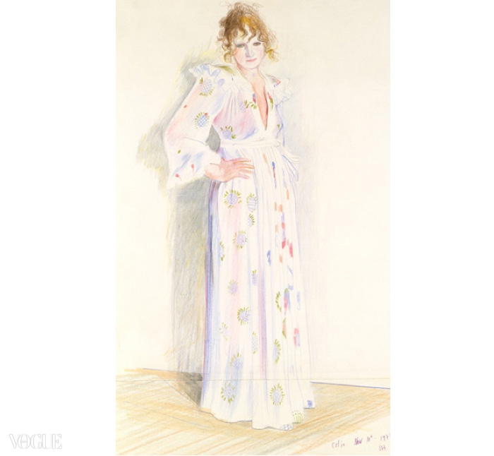 셀리아 버트웰은 1970년대 오시 클락 컬렉션의 초대장에 사용된 데이비드 호크니의 일러스트레이션을 위해 바로 그 드레스를 입고 포즈를 취했다.