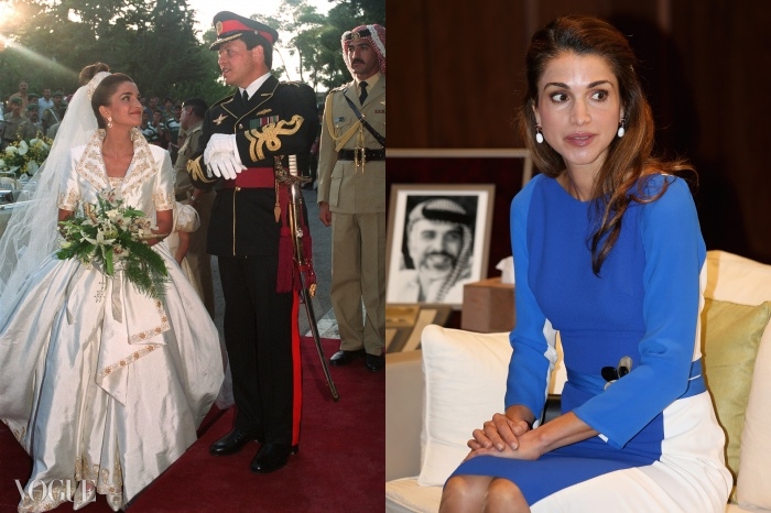 (왼쪽부터) 1999년 요르단의 왕비가 된 라니아. 그녀는 1993년 암만의 왕궁에서 압둘라 2세와 결혼식을 올릴 때 브루스 올드필드 가운을 입었다. 라니아의 세련된 요즘 모습.
