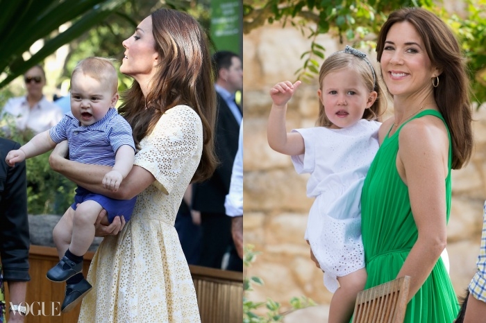 아들이자 왕위 계승자인 조지 왕자를 안고 있는 케이트 미들턴과 딸 조세핀과 함께 있는 덴마크의 메리. 외모에 대한 두 사람의 접근방식은 비슷하다.