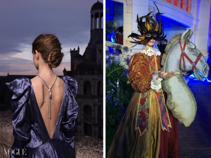 (왼쪽)가스파드 유르키에비치의 드레스와 함께 선보인 화이트 골드, 다이아몬드, 사파이어로 구성된 반 클리프&아펠 펜던트 ⓒ Van Cleef & Arpels - Photo by Sonia Sieff  (오른쪽)가면 코스튬이 축제 분위기를 더했다.