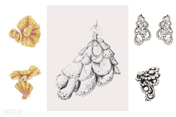 주농(Junon) 드레스 스케치, 1949년 가을겨울 오뜨 꾸뛰르 컬렉션, 밀뢰 뒤 시에클(Milieu du Siècle) 라인. 다이아몬드, 망간 석류석, 핑크색 사파이어가 장식된 옐로 골드와 핑크 골드 반지(왼쪽). 다이아몬드와 화이트 골드 귀걸이, 여기에 어울리는 반지(오른쪽). ⓒ Christian Dior Couture