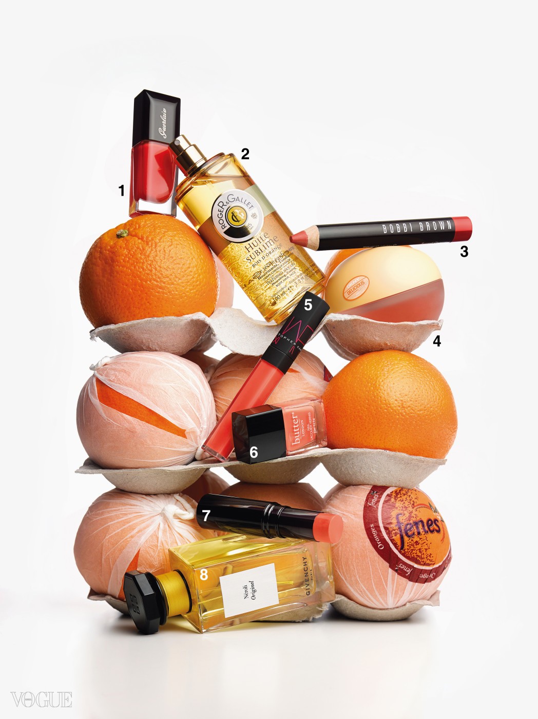 Beauty, citrus, orange, summer, studio shot, selection, fragrances, nail polish, lipstick