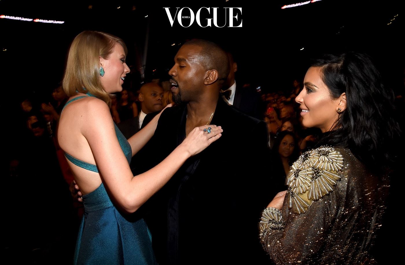 LOS ANGELES, CA - FEBRUARY 08:  (L-R) Recording Artists Taylor Swift, Kanye West and tv personality Kim Kardashian attend The 57th Annual GRAMMY Awards at the STAPLES Center on February 8, 2015 in Los Angeles, California.  (Photo by Larry Busacca/Getty Images for NARAS)