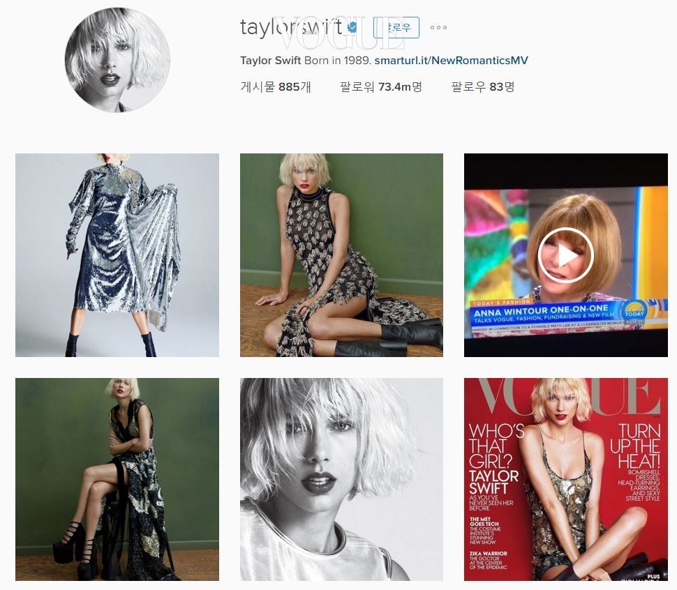 불과 몇 달 전까지는 절친인 테일러 스위프트(Taylor Swift)가 1위를 하고 있었는데 말입니다. (현재 2위인 테일러는 7,340만명 팔로워로, 셀레나를 바짝 추격 중! @taylorswift) 