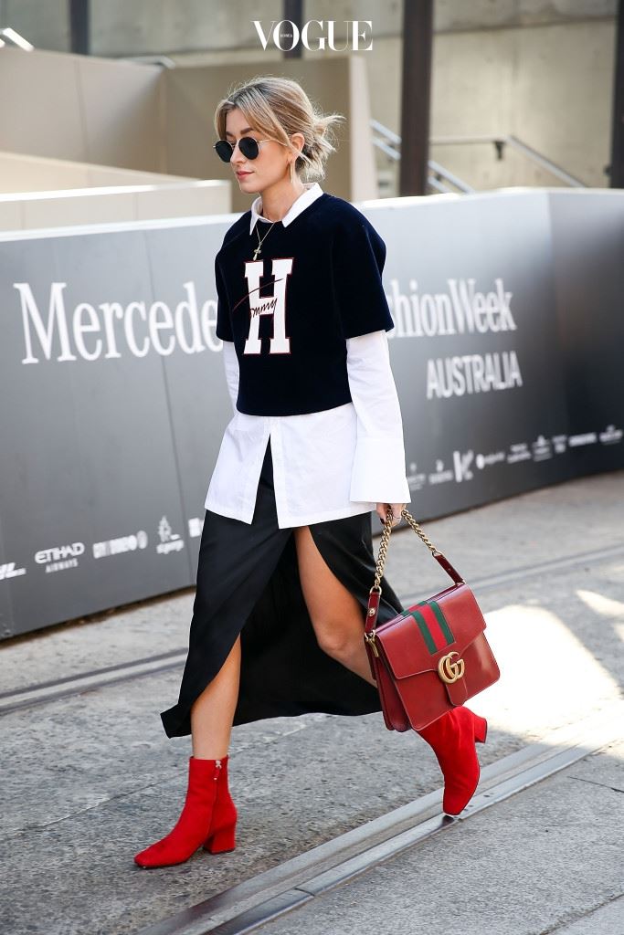 SYDNEY, AUSTRALIA - MAY 19:  Carmen Hamilton, wearing Tommy Hilfiger top and Gucci handbag, arrives at Mercedes-Benz Fashion Week Resort 17 Collections at Carriageworks on May 19, 2016 in Sydney, New South Wales.  (Photo by Caroline McCredie/Getty Images)