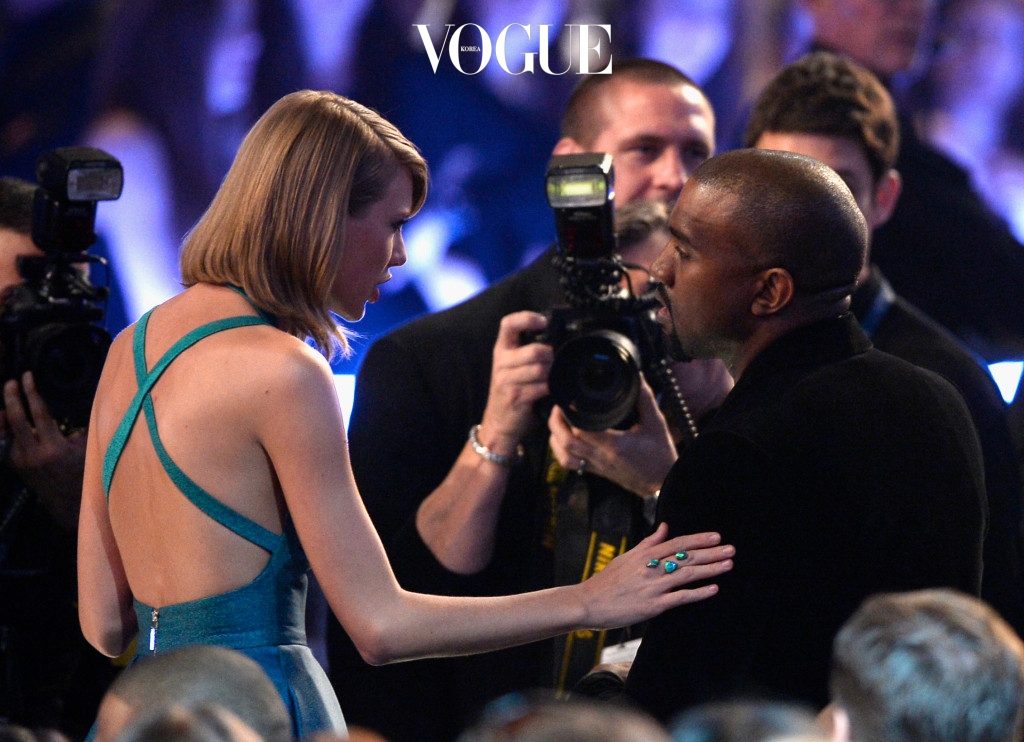 LOS ANGELES, CA - FEBRUARY 08:  Singer Taylor Swift (L) and rapper Kanye West attend The 57th Annual GRAMMY Awards at the at the STAPLES Center on February 8, 2015 in Los Angeles, California.  (Photo by Kevork Djansezian/Getty Images)
