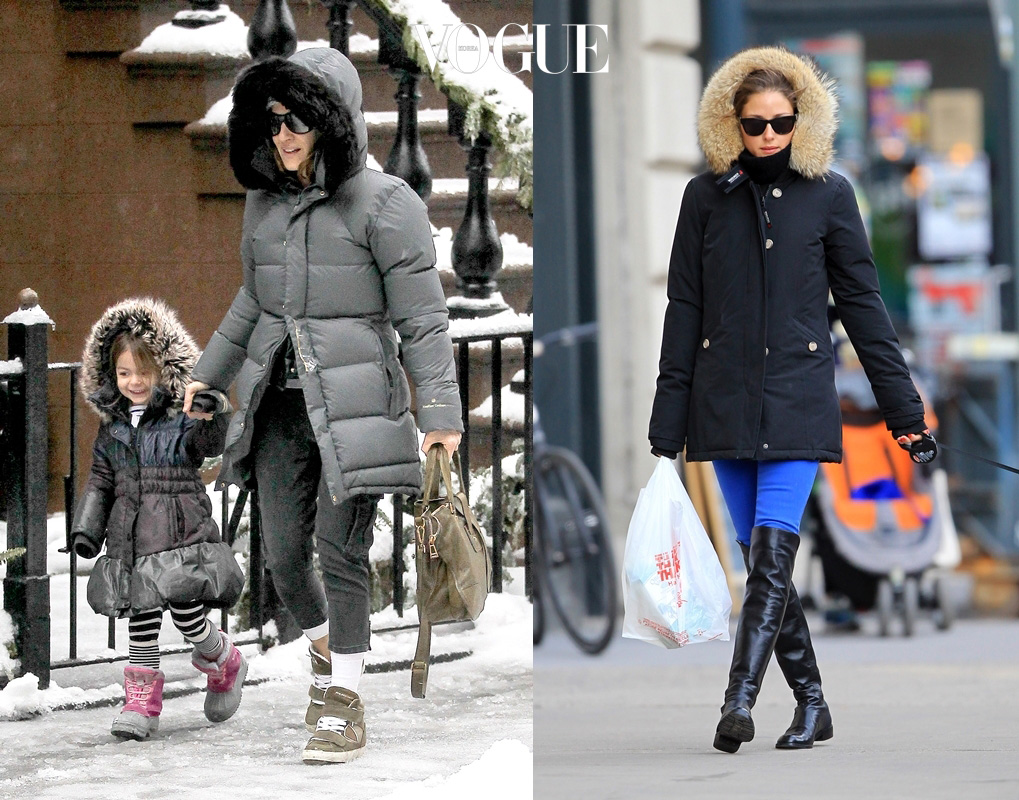 UK CLIENTS MUST CREDIT: AKM-GSI ONLY Sarah Jessica Parker braves the snowy weather to taker her little girls, Marion and Tabitha, to school this morning.  Sarah was bundled up in a grey bubble jacket with grey jeans and white tights underneath, along with wedge sneakers, exposing her ankles to the snow.  Marion and Tabitha looked adorable in matching jackets with leggings and snow boots. Pictured: Sarah Jessica Parker Ref: SPL694116  050214   Picture by: AKM-GSI / Splash News Splash News and Pictures Los Angeles:310-821-2666 New York:212-619-2666 London:870-934-2666 photodesk@splashnews.com 