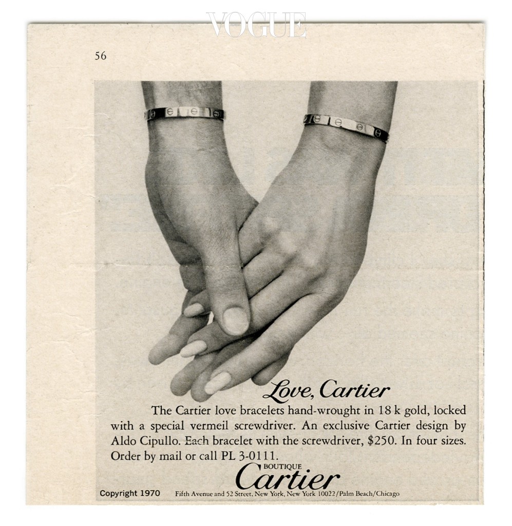 뉴욕 타임즈에 게시된 최초의 러브 브레이슬릿 광고 캠페인, 1970년. 