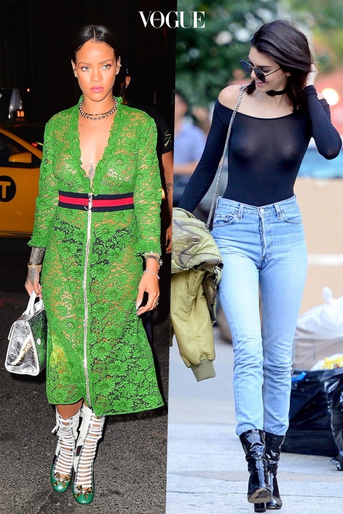 최근 페미니즘 패션과 씨스루 룩이 동시에 트렌드로 떠오르며, 스타일세터로 손꼽히는 그들이 (망사 톱 안에 브라를 보이게 입던 것도 모자라) 아예 노브라 차림으로 다니기 시작했죠. Rihanna/Kendall Jenner 