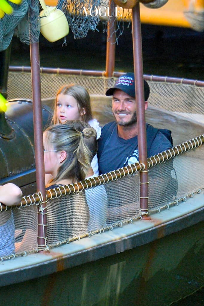 EXCLUSIVE: **NO WEB UNTIL 12PM GMT THURS AUG 27TH** David Beckham shares a sweet moment with his daughter Harper as he and his family enjoy a ride on the Jungle Cruise at Disneyland. David kissed his youngest, harper beckham on her arm as he and victoria and the rest of their children enjoyed a ride on the Jungle Cruise. The family were also joined by gordon ramses's family. Pictured: David Beckham, Victoria Beckham, Haper Beckham, Romeo beckham, Cruz Beckham and Brooklyn Beckham Ref: SPL1109290  250815   EXCLUSIVE Picture by: Fern Sharpshooter / Splash News Splash News and Pictures Los Angeles:310-821-2666 New York:212-619-2666 London:870-934-2666 photodesk@splashnews.com 