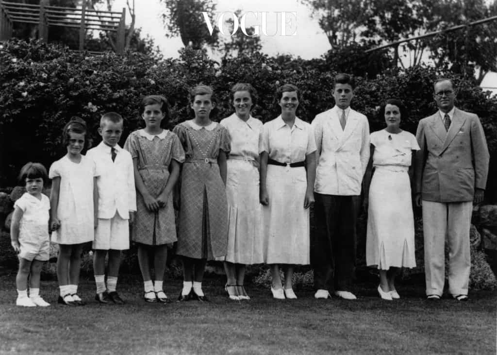 1937:  American multi-millionaire Joseph Patrick Kennedy (right), the newly-appointed ambassador to London, with his wife Rose Kennedy (second from right) and eight of their nine children, in London.  From left: Edward, Jeanne, Robert, Patricia (1924 - 2006), Eunice, Kathleen, Rosemary and John F Kennedy who later became the 35th President of the United States.  (Photo by Keystone/Getty Images)