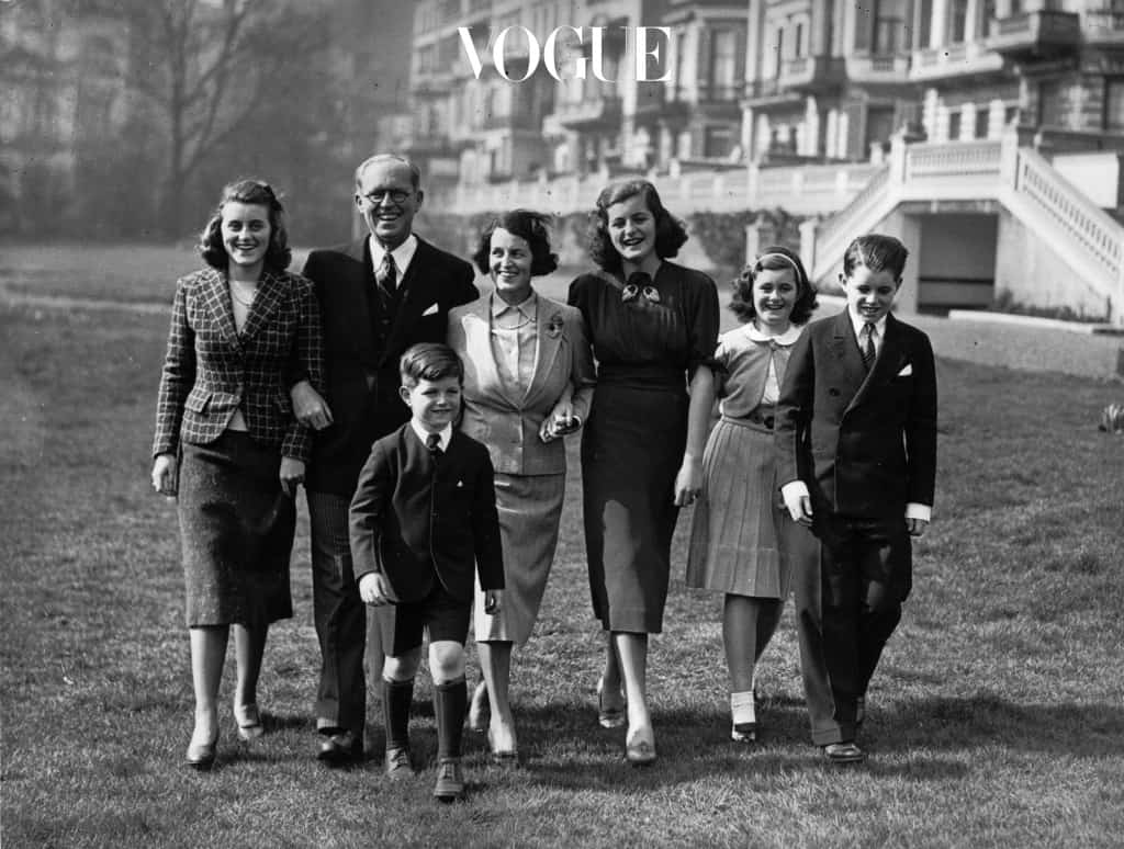 16th March 1938:  Joseph Patrick Kennedy (1888 - 1969), the American Ambassador and financier with his wife and five of their nine children at the Princes Gate home in London. Left to right: Kathleen, Edward (who became a Democratic senator), Joseph Kennedy, wife Rose Kennedy, Patricia (1924 - 2006), Jean and Robert, who became a Democratic senator before his assassination.  (Photo by H. F. Davis/Topical Press Agency/Getty Images)