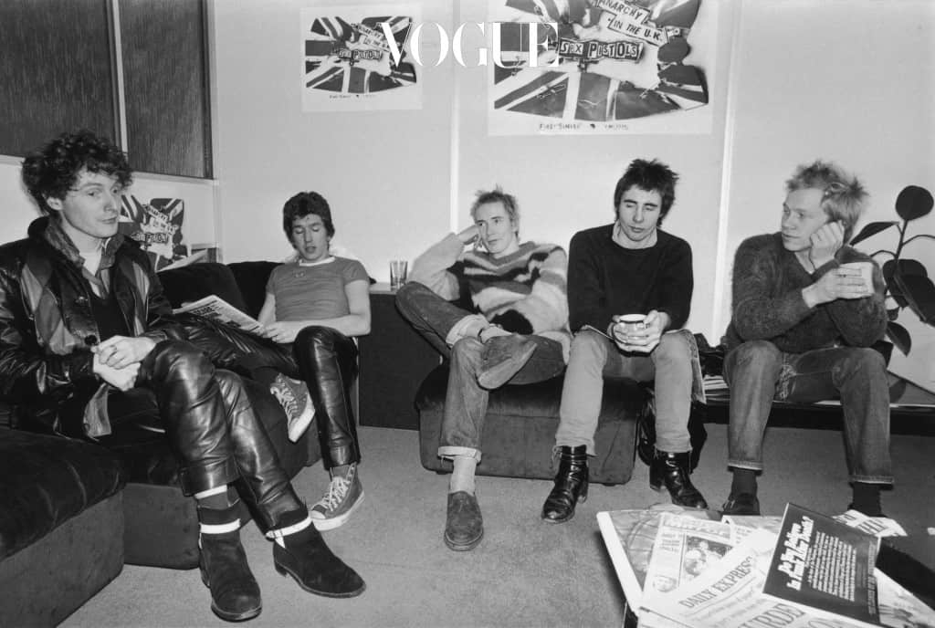 Notorious British punk rock band The Sex Pistols at the EMI studios, 2nd December 1976.  From left to right, manager Malcolm McLaren, Steve Jones, Johnny Rotten (John Lydon), Glen Matlock and Paul Cook. (Photo by R. Jones/Evening Standard/Hulton Archive/Getty Images)