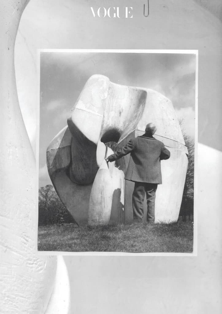 Henry Moore with the Fibreglass Locking Piece 1963-64, Hertfordshire c.1968.Photo_ John Hedgecoe. Henry Moore Archive