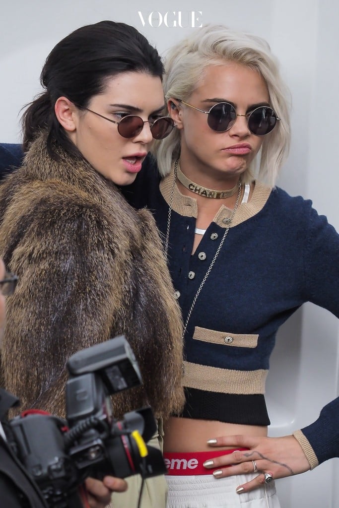 Kendall Jenner and Cara Delevingne are seen in backstage after the Chanel show as part of the Paris Fashion Week Womenswear Fall/Winter 2017/2018 in Paris, France.  Pictured: Kendall Jenner and Cara Delevingne Ref: SPL1458076  070317   Picture by: Splash News Splash News and Pictures Los Angeles:310-821-2666 New York: 212-619-2666 London:870-934-2666 photodesk@splashnews.com 