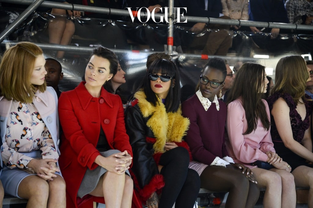 PARIS, FRANCE - MARCH 05:  (L-R) Actress Lea Seydoux, Margot Robbie, singer Rihanna, actresses Lupita Nyong'o and Elizabeth Olsen attend the Miu Miu show as part of the Paris Fashion Week Womenswear Fall/Winter 2014-2015 on March 5, 2014 in Paris, France.  (Photo by Pascal Le Segretain/Getty Images)