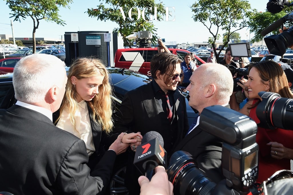 GOLD COAST, AUSTRALIA - APRIL 18:  Johnny Depp and Amber Heard arrives at Southport Magistrates Court on April 18, 2016 in Gold Coast, Australia. Heard is facing two counts of breaching Australia's quarantine laws by allegedly bringing in her pet dogs Pistol and Boo on a private jet in May 2015.  (Photo by Matt Roberts/Getty Images)