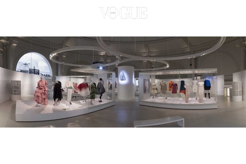 The upstairs section of the "Balenciaga: Shaping Fashion" exhibition at the V&A