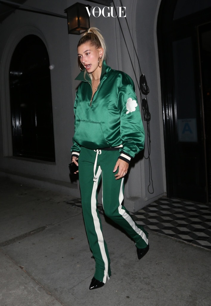 Hailey Baldwin wears a all green outfit with a shamrock patch on her left sleeve as she leaves Craig's restaurant after having dinner in West Hollywood. Pictured: Hailey Baldwin Ref: SPL1512281  030617   Picture by: Photographer Group / Splash News Splash News and Pictures Los Angeles:310-821-2666 New York:212-619-2666 London:870-934-2666 photodesk@splashnews.com 