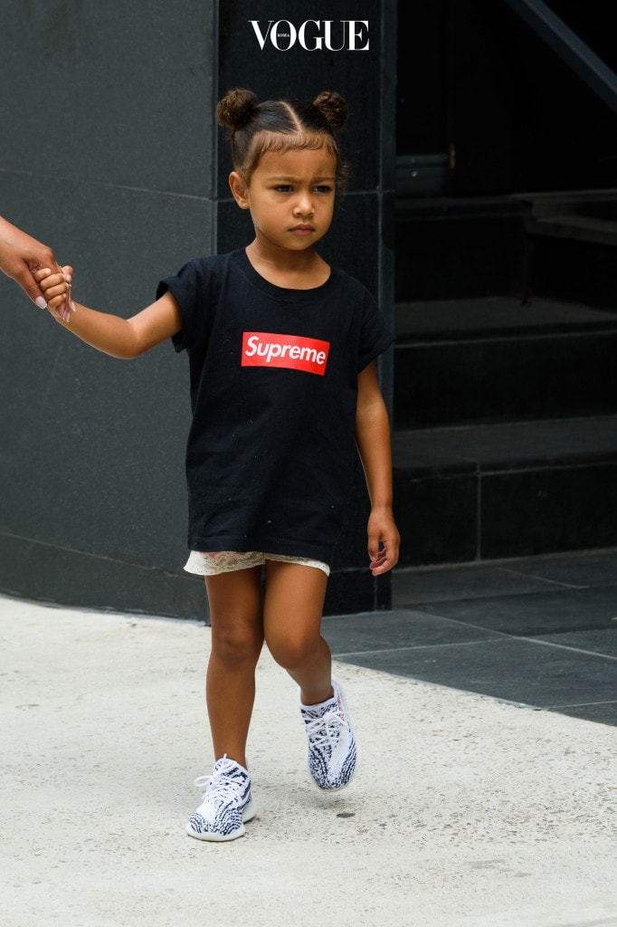 North West, daughter of Kim Kardashian and Kanye West, is seen wearing a Supreme t-shirt and kids Adidas Yeezy sneakers in New York City, New York. Pictured: North West Ref: SPL1326492  130916   Picture by: Splash News Splash News and Pictures Los Angeles:310-821-2666 New York:212-619-2666 London:870-934-2666 photodesk@splashnews.com 