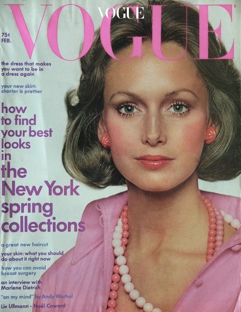 모델 카렌 그레이엄이 케네스 제이 레인의 커스텀 주얼리를 착용한 1973년 2월호 미국 보그 커버. 