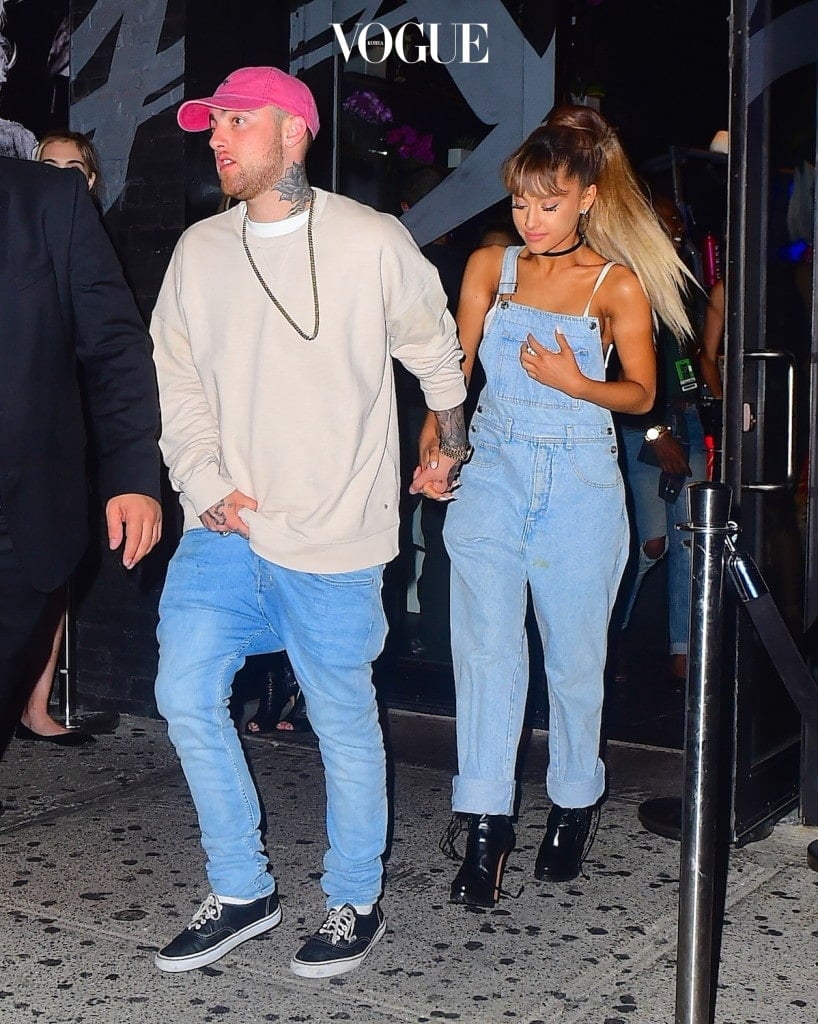 Ariana Grande and her new boyfriend, Mac Miller, were spotted leaving the Republic Records VMA After Party on Sunday night in NYC. The new couple wore matching Denim outfits as they held hands while exiting "Vandal" restaurant. Ariana wore denim overalls with one strap, and her tiny white bra showing, while Mac wore jeans and a cream colored crewneck. Pictured: Ariana Grande , Mac Miller Ref: SPL1341551  290816   Picture by: 247PAPS.TV / Splash News Splash News and Pictures Los Angeles:310-821-2666 New York:212-619-2666 London:870-934-2666 photodesk@splashnews.com 