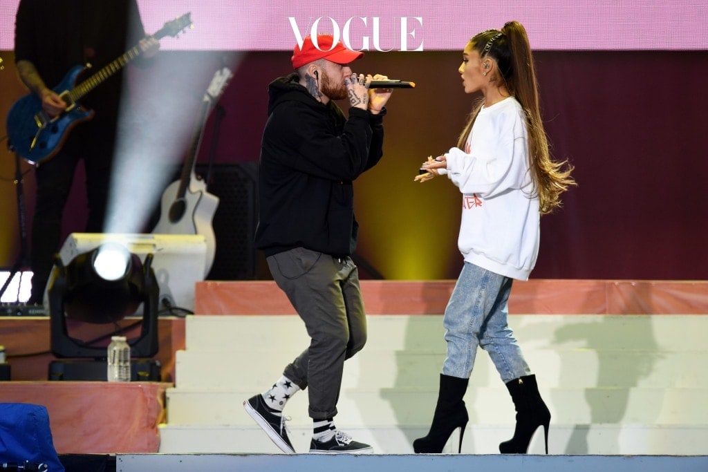 MANCHESTER, ENGLAND - JUNE 04:  NO SALES, free for editorial use. In this handout provided by 'One Love Manchester' benefit concert (L) Mac Miller and Ariana Grande perform on stage on June 4, 2017 in Manchester, England. Donate at www.redcross.org.uk/love  (Photo by Getty Images/Dave Hogan for One Love Manchester)