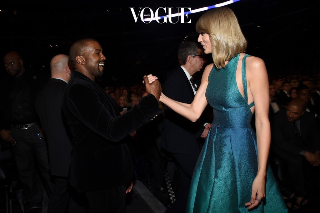 LOS ANGELES, CA - FEBRUARY 08: Recording Artists Kanye West and Taylor Swift attend The 57th Annual GRAMMY Awards at the STAPLES Center on February 8, 2015 in Los Angeles, California.  (Photo by Larry Busacca/Getty Images for NARAS)