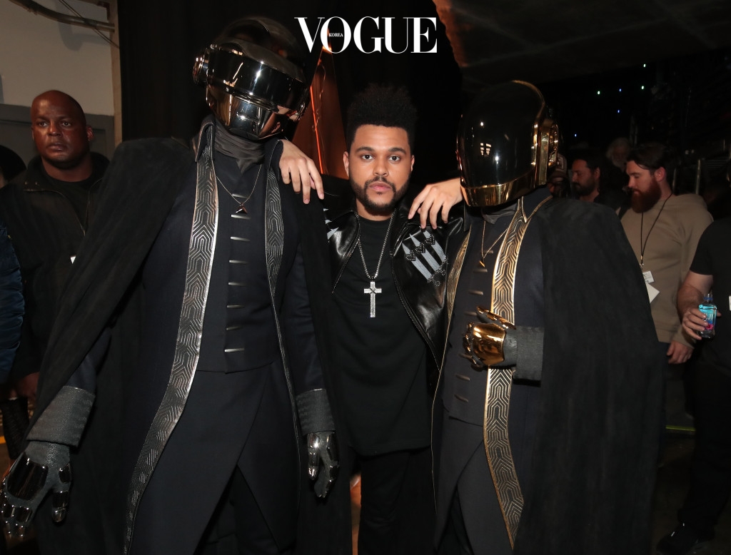 LOS ANGELES, CA - FEBRUARY 12: Musicians Daft Punk and The Weeknd (C) attend The 59th GRAMMY Awards at STAPLES Center on February 12, 2017 in Los Angeles, California.  (Photo by Christopher Polk/Getty Images for NARAS)