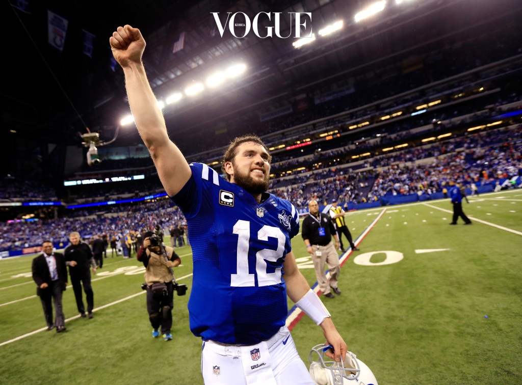 INDIANAPOLIS, IN - JANUARY 04: Quarterback Andrew Luck #12 of the Indianapolis Colts celebrates after defeating the Kansas City Chiefs 45-44 in a Wild Card Playoff game at Lucas Oil Stadium on January 4, 2014 in Indianapolis, Indiana.  (Photo by Rob Carr/Getty Images)