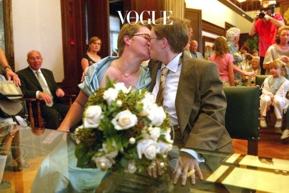 ANTWERP, BELGIUM - JUNE 6:  Lesbians Marion Huibrecht and Christel Verswyvelen celebrate their marriage June 6, 2003 in Antwerp, Belgium. Huibrecht and Verswyvelen became the first homosexual couple to marry in Belgium, celebrating 16 years of official partnership with wedding vows during their civil ceremony.  (Photo by Mark Renders/Getty Images)
