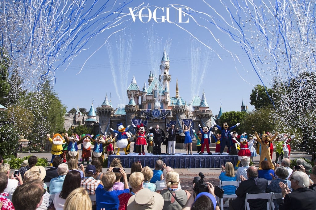 ANAHEIM, CA - JULY 17:  In this handout photo provided by Disney parks, Mickey Mouse and his friends celebrate the 60th anniversary of Disneyland park during a ceremony at Sleeping Beauty Castle featuring Academy Award-winning composer, Richard Sherman and Broadway actress and singer Ashley Brown July 17, 2015 in Anaheim, California.  Celebrating six decades of magic, the Disneyland Resort Diamond Celebration features three new nighttime spectaculars that immerse guests in the worlds of Disney stories like never before with "Paint the Night," the first all-LED parade at the resort; "Disneyland Forever," a reinvention of classic fireworks that adds projections to pyrotechnics to transform the park experience; and a moving new version of "World of Color" that celebrates Walt Disneys dream for Disneyland.  (Photo by Paul Hiffmeyer/Disneyland Resort via Getty Images)