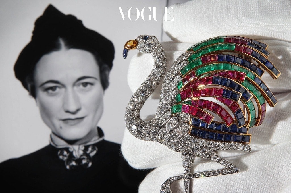 LONDON, ENGLAND - SEPTEMBER 23:  A Cartier flamingo diamond clip from 1940 estimated at ?1,000,000 - ?1,500,00 is displayed at Sotheby's on September 23, 2010 in London, England. The Jewels of the Duchess of Windsor collection will be auctioned in London on November 30, 2010. The collection, originally auctioned in 1983, comprises 20 pieces owned by Wallis Simpson, The Duchess of Windsor.  (Photo by Peter Macdiarmid/Getty Images)