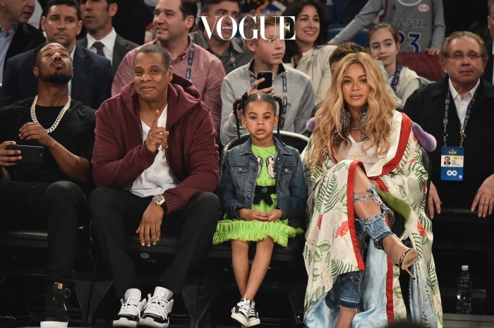 NEW ORLEANS, LA - FEBRUARY 19:  (L-R)  Michael B. Jordan, Jay Z, Blue Ivy Carter and Beyoncé Knowles attend the 66th NBA All-Star Game at Smoothie King Center on February 19, 2017 in New Orleans, Louisiana.  (Photo by Theo Wargo/Getty Images)