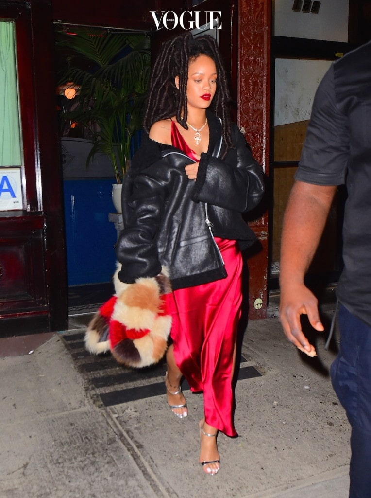 Rihanna was spotted leaving Carbone Italian Restaurant in NYC on Wednesday night. The singer enjoyed a late night meal , before leaving at 3am. She wore a red silk dress, with a black shearling jacket, and a multicolored Fur scarf. She showed off her long legs with an extremely high split in her dress. She was joined by her "Live Your Life" collaborator, Rapper T.I. , as well as the ever popular DJ Khaled  Pictured: Rihanna Ref: SPL1368876  061016   Picture by: 247PAPS.TV / Splash News Splash News and Pictures Los Angeles:310-821-2666 New York:212-619-2666 London:870-934-2666 photodesk@splashnews.com 