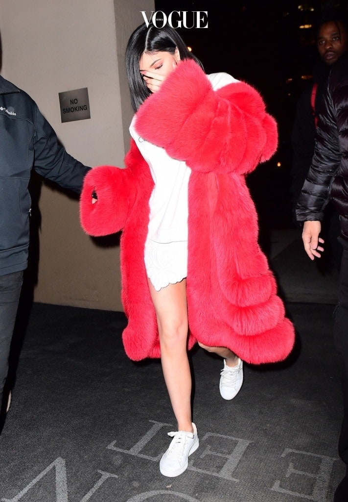 Kylie Jenner Rocks a Red Fur Coat for Valentine's Day Date with Tyga in NYC Pictured: Kylie Jenner Ref: SPL1443273  140217   Picture by: 247PAPS.TV / Splash News Splash News and Pictures Los Angeles:310-821-2666 New York:212-619-2666 London:870-934-2666 photodesk@splashnews.com 