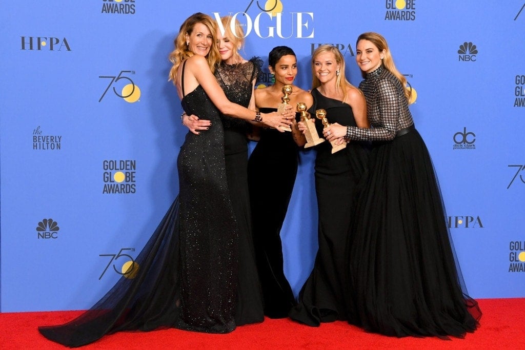 BEVERLY HILLS, CA - JANUARY 07:  (L-R) Actors Laura Dern, Nicole Kidman, Zoe Kravitz, Reese Witherspoon and Shailene Woodley pose with the Best Television Limited Series or Motion Picture Made for Television award for 'Big Little Lies' in the press room during The 75th Annual Golden Globe Awards at The Beverly Hilton Hotel on January 7, 2018 in Beverly Hills, California.  (Photo by Kevin Winter/Getty Images)