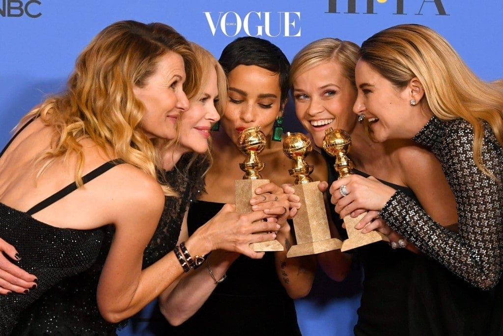 BEVERLY HILLS, CA - JANUARY 07:  (L-R) Actors Laura Dern, Nicole Kidman, Zoe Kravitz, Reese Witherspoon and Shailene Woodley pose with the Best Television Limited Series or Motion Picture Made for Television award for 'Big Little Lies' in the press room during The 75th Annual Golden Globe Awards at The Beverly Hilton Hotel on January 7, 2018 in Beverly Hills, California.  (Photo by Kevin Winter/Getty Images)